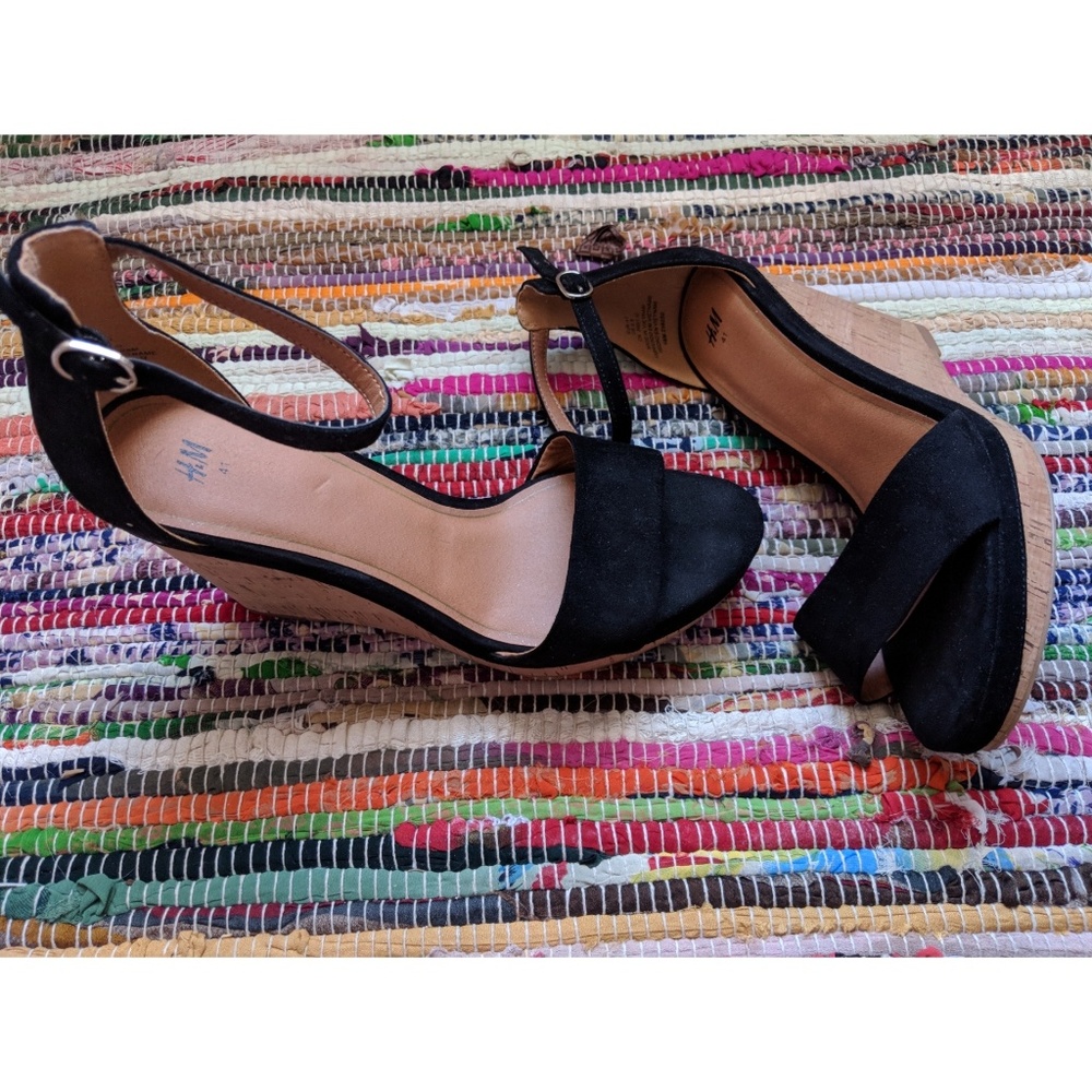 H&M Black Strap Cork Wedges 9.5 Women's - Picture 5 of 5